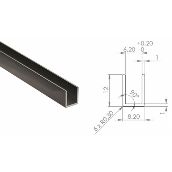 SVART U-PROFIL, 6MM GLAS